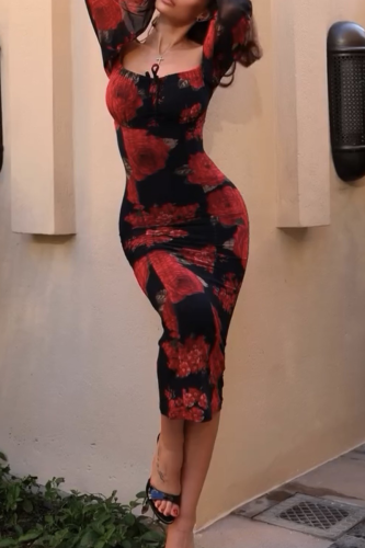 Elegant Print Off Shoulder Long Dresses
