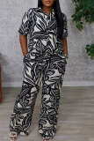 Casual Print Buckle Turndown Collar Short Sleeve Two Pieces