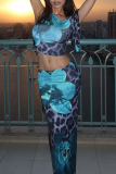 Elegant Print Patchwork Oblique Collar Sleeveless Two Pieces