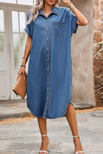 Casual Solid Color Pocket Buckle Turndown Collar Short Sleeve Loose Denim Dresses