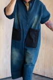 Casual Solid Color Pocket Buckle Turndown Collar Short Sleeve Loose Denim Jumpsuits