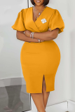 Elegant Solid Color Slit V Neck Wrapped Skirt Dresses