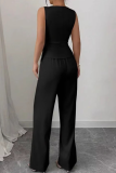 Casual Solid Color Buckle V Neck Sleeveless Two Pieces