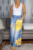 Casual Print Pocket Loose Denim Jeans