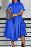 Casual Solid Color Buckle Flower Shape Turndown Collar Long Dresses