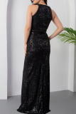 Elegant Solid Color Sequins Slit O Neck Long Dresses