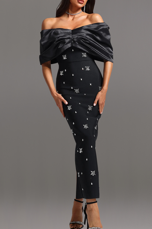 Elegant Solid Color Slit Hot Drill Off Shoulder Long Dresses