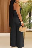 Casual Solid Color Backless Strap Design Halter Loose Jumpsuits