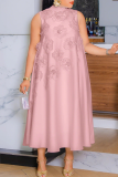 Casual Solid Color Strap Design Flower Shape O Neck Long Dresses