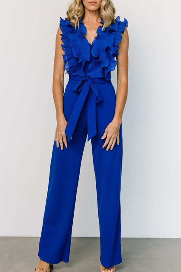 Casual Solid Color Strap Design Stringy Selvedge V Neck Regular Jumpsuits