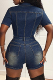 Casual Solid Color Buckle Turndown Collar Short Sleeve Regular Denim Jumpsuits