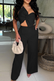 Casual Solid Color Pocket Bow Decor Asymmetrical Collar Sleeveless Two Pieces