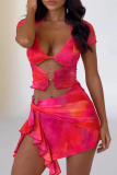 Sexy Print Slit Irregular Asymmetrical Collar Short Sleeve Two Pieces