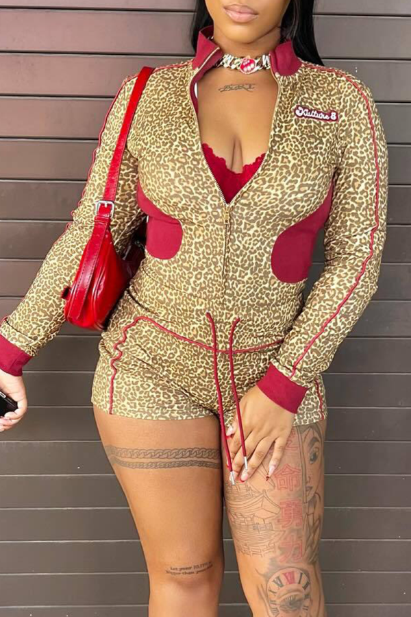 Sexy Leopard Print Draw String Zipper Contrast Zipper Collar Long Sleeve Two Pieces