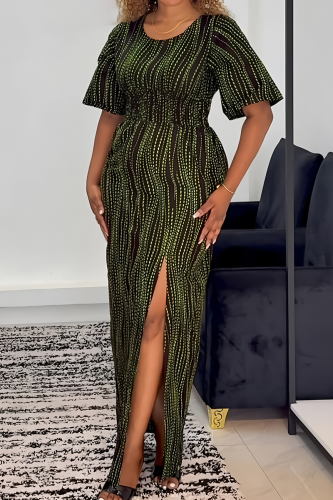 Casual Vacation Print Slit O Neck Long Dresses