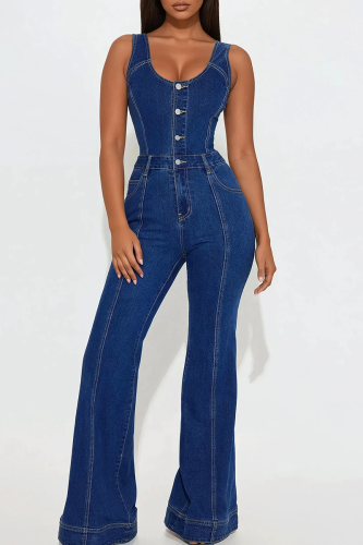 Sexy Solid Color Buckle U Neck Sleeveless Bodycon Denim Jumpsuits