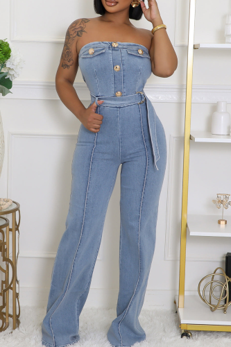 Sexy Solid Color Buttons Strapless Sleeveless Regular Denim Jumpsuits