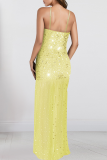 Sexy Solid Color Sequins Slit Spaghetti Strap Irregular Dresses