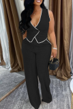 Casual Solid Color Buttons Contrast V Neck Sleeveless Two Pieces