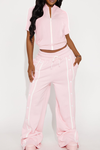 Casual Solid Color Buckle Zipper Contrast Zipper Collar Long Sleeve Two Pieces