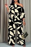 Casual Print Patchwork Oblique Collar Long Sleeve Two Pieces