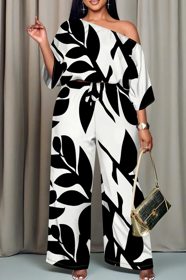 Casual Print Patchwork Oblique Collar Long Sleeve Two Pieces