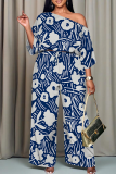 Casual Print Patchwork Oblique Collar Long Sleeve Two Pieces