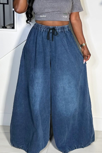 Casual Solid Color Pocket Mid Waist Loose Denim Jeans