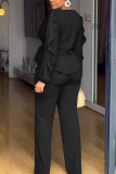 Daily Elegant Solid Color Draw String Belted O Neck Long Sleeve Two Pieces
