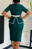 Office lady Elegant Solid Color With Belt Contrast O Neck Wrapped Skirt Dresses