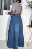 Casual Solid Color Pocket Mid Waist Loose Denim Jeans