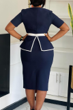 Office lady Elegant Solid Color With Belt Contrast O Neck Wrapped Skirt Dresses