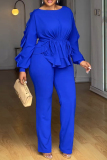 Daily Elegant Solid Color Draw String Belted O Neck Long Sleeve Two Pieces