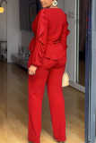 Daily Elegant Solid Color Draw String Belted O Neck Long Sleeve Two Pieces