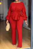 Daily Elegant Solid Color Draw String Belted O Neck Long Sleeve Two Pieces