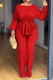 Daily Elegant Solid Color Draw String Belted O Neck Long Sleeve Two Pieces