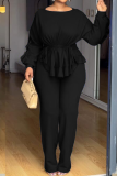Daily Elegant Solid Color Draw String Belted O Neck Long Sleeve Two Pieces
