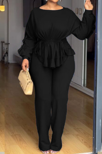 Daily Elegant Solid Color Draw String Belted O Neck Long Sleeve Two Pieces
