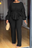 Daily Elegant Solid Color Draw String Belted O Neck Long Sleeve Two Pieces
