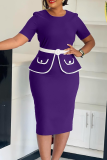 Office lady Elegant Solid Color With Belt Contrast O Neck Wrapped Skirt Dresses