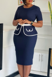 Office lady Elegant Solid Color With Belt Contrast O Neck Wrapped Skirt Dresses
