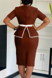 Office lady Elegant Solid Color With Belt Contrast O Neck Wrapped Skirt Dresses