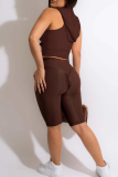 Casual Solid Color Zipper Hooded Sleeveless Two Pieces