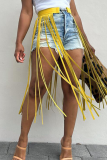 Daily Solid Color Fringed Trim Patchwork Bottoms
