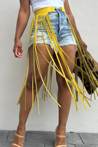 Daily Solid Color Fringed Trim Patchwork Bottoms