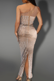 Sexy Solid Color Slit Hot Drill Oblique Collar Long Dresses