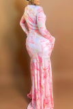 Elegant Print Hollow Out O Neck Long Dresses
