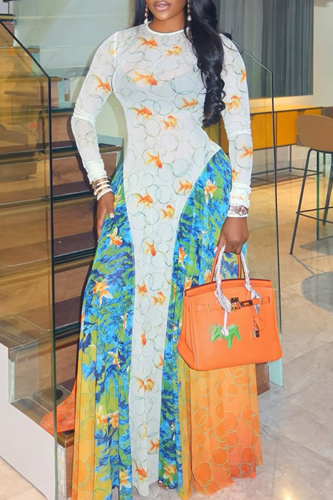 Casual Print Patchwork O Neck A Line Dresses