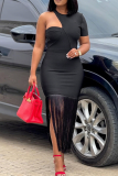 Sexy Solid Color Fringed Trim O Neck Long Dresses