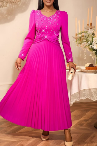 Elegant Solid Color Pearls Decor Pleated V Neck Long Dresses
